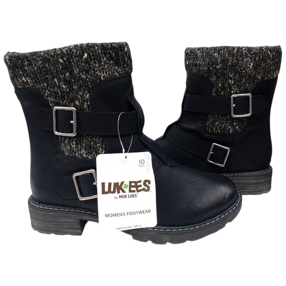 LUKEES by MUK LUKS Black Buckle Detail Logger Quebec Mid Calf Boots 10